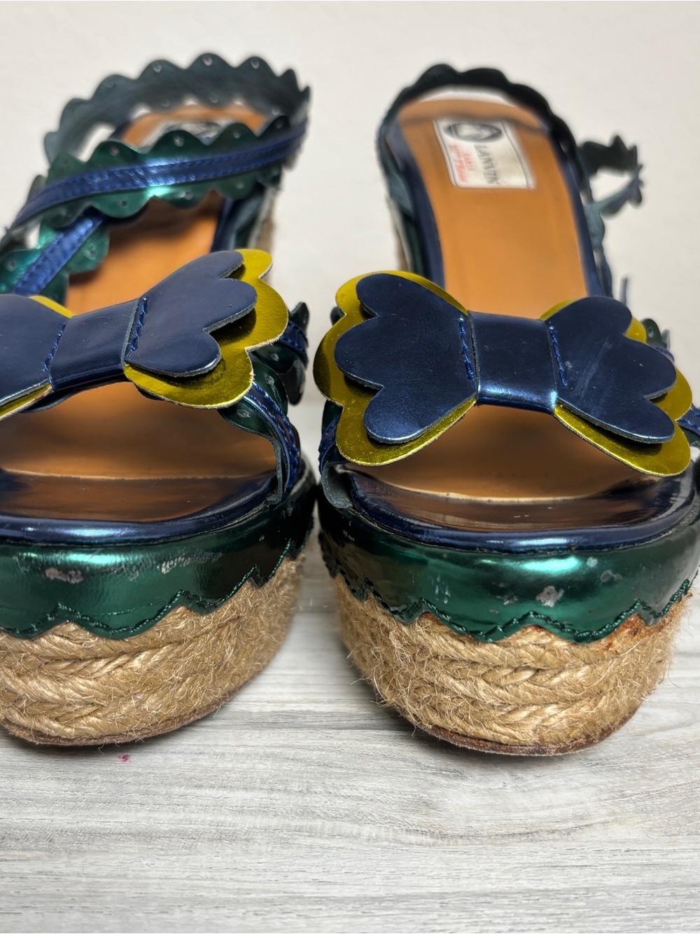Lanvin Metallic Butterfly Bow Platform Wedge Sandals Green Blue 41 Sz 10 - Picture 5 of 9